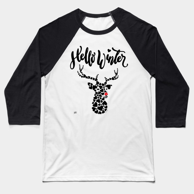 Deer Winter Graphic Hearts Hello Winter Baseball T-Shirt by DoubleBrush